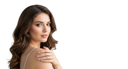 Young caucasian woman, brown wavy hair, subtle makeup, light top, hand on shoulder, calm gaze at viewer in minimalist studio with light background. Natural beauty, self-care concept