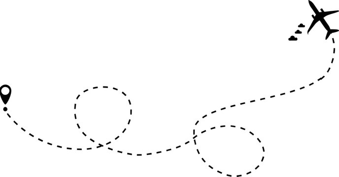 Black and white illustration of an airplane flying a dotted path from a map pin to clouds above.