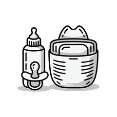 A baby bottle and pacifier sit next to a diaper changing station.