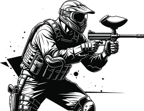 Black and white illustration of a paintball player aiming gun paintball, player, gun, aiming, action, sport, game, mask, helmet, tactical, gear, uniform, black and white, illustration, graphic, silhou