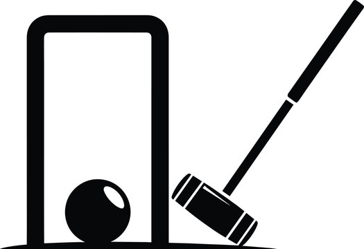 Black croquet wicket with ball and mallet icon game croquet, wicket, ball, mallet, game, sport, outdoor, recreation, leisure, competition, play, hobby, equipment, black and white, graphic, icon, symbo