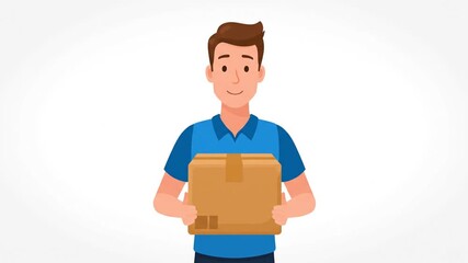 Vector illustration of a friendly courier in a blue uniform holding a cardboard box, symbolizing efficient package delivery and logistics services