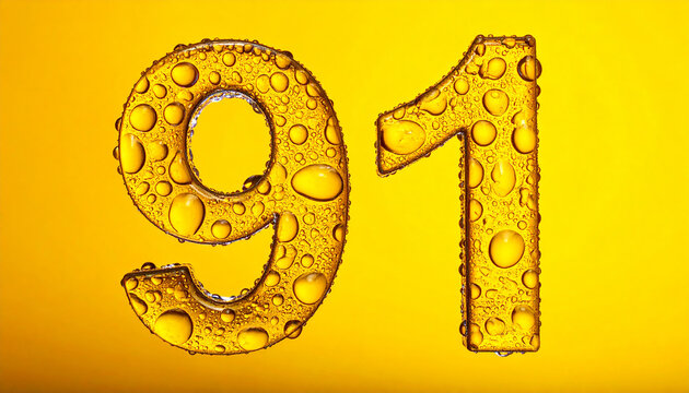 Abstract futuristic number 91 in glossy 3D style, covered with water droplets, yellow background.