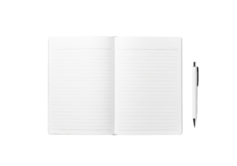 An open, transparent spiral notebook with blank pages and a sleek matte black pen on an immaculate white studio background, flat lay, sharp focus, concept of new beginnings and potential