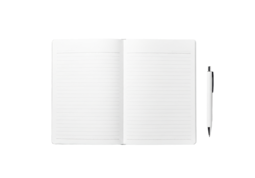 An open, transparent spiral notebook with blank pages and a sleek matte black pen on an immaculate white studio background, flat lay, sharp focus, concept of new beginnings and potential