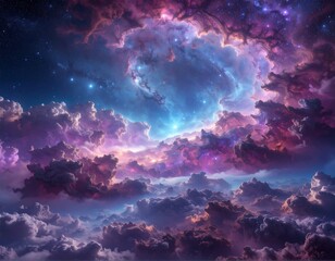 Dreamy sky scene; colorful clouds swirl around bright celestial center, dotted with stars in deep, night sky backdrop