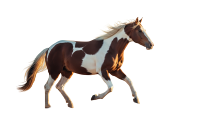 A powerful pinto horse with brown and white coat, flowing mane and tail, gallops across a vast, blurred golden hour plain, dust trailing, concept of unbridled momentum.