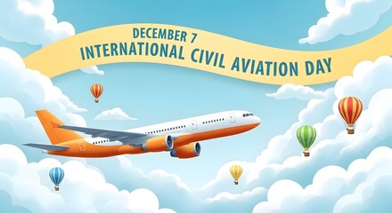 International civil aviation day december 7th airplane and hot air balloons in sky