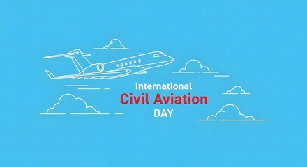 International civil aviation day airplane and clouds illustration on blue background