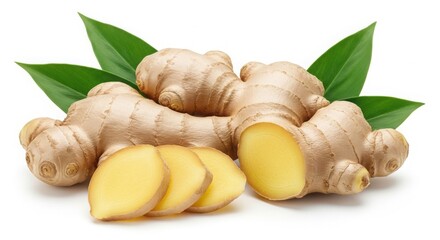 Fresh organic ginger root with sliced pieces and green leaves isolated on white background
