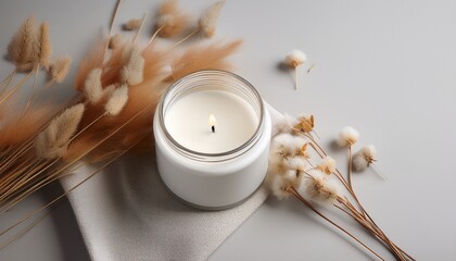 White Ceramic Aroma Candle Jar With Dried Flowers On A Neutral Background