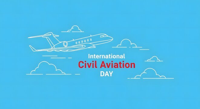 International civil aviation day airplane and clouds illustration on blue background
