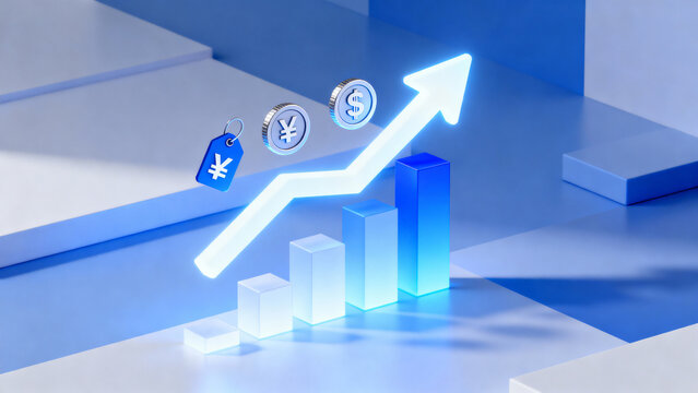 3D isometric rising technology graph with glowing arrow. Futuristic isometric illustration of a glowing blue arrow rising over financial charts and digital icons, symbolizing growth, analytics
