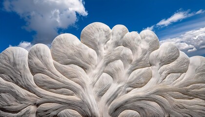 Close Up Of A Stylized White Coral Like Structure Against A Vivid Blue Sky With Clouds
