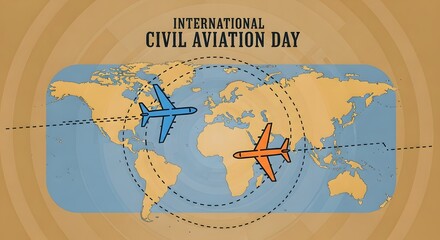 International civil aviation day with airplanes flying over world map