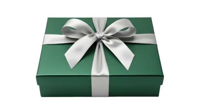 Elegant green gift box with a silver ribbon and bow, ideal for special occasions, isolated on transparent background