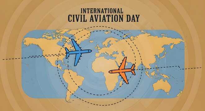 International civil aviation day with airplanes flying over world map