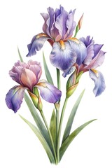 Watercolor painting depicting a vibrant bouquet of purple iris flowers in full bloom