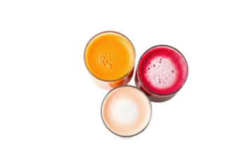 Three fresh juices: bright orange, rich carrot, vibrant berry/beetroot red, in clear glass tumblers with foamy tops, isolated on a transparent background, aerial shot, healthy refreshment concept