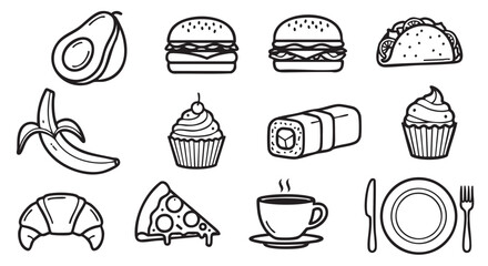 Collection of food icons black and white outline vector art