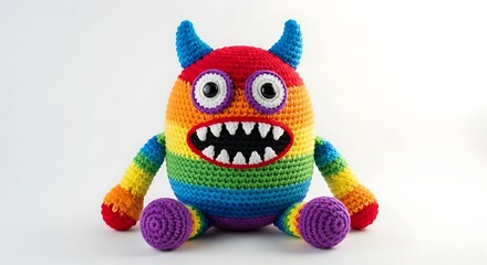 Handmade Rainbow Crocheted Monster Toy with Horns and Sharp Teeth knitted