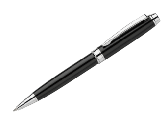 Sleek professional black ballpoint pen with silver accents and clip, isolated on a transparent studio background, diagonally positioned, high angle shot, photorealistic. Concept of corporate