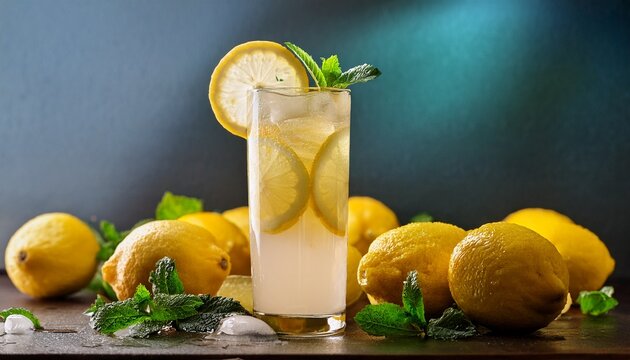 A Tall Glass Of Refreshing Lemonade With Ice Lemon Slices And Mint Leaves Surrounded By Fresh Lemons