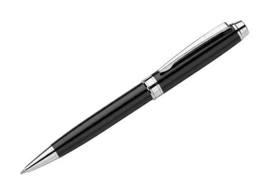 Sleek professional black ballpoint pen with silver accents and clip, isolated on a transparent studio background, diagonally positioned, high angle shot, photorealistic. Concept of corporate