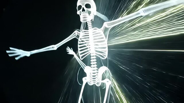 X-Ray Skeleton Anatomy: Biomedical Vector Illustration with Neon Light and Dynamic Motion in Human Body Structure