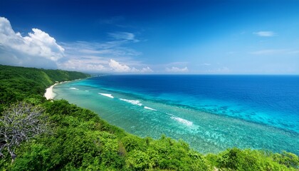 Beautiful Blue Ocean With A Green Shoreline