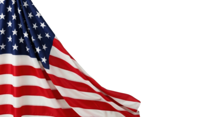 An ultra-realistic, pristine American flag of fine fabric, vibrant with crisp stars and folds, draped on a transparent studio background with copy space, conveying national pride and stability concept