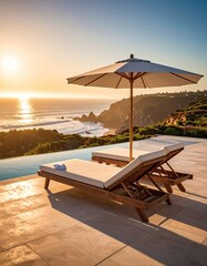 Scenic ocean sunset view with chaise lounges by pool