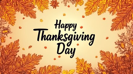 Elegant script greeting for Thanksgiving with swirling calligraphy and multicolored fall leaves floating around in vecto