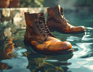Weathered leather boots floating in clear water, sunlight effect