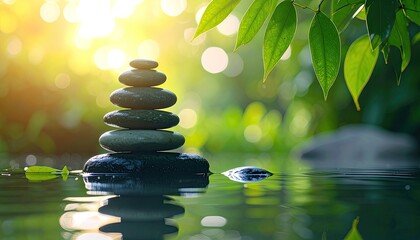 Balanced stones atop water, bright sunlight, green leaves. Calm, zen, nature