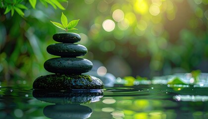 Stacked stones on water with a green leaf sprouting. Peaceful, natural, and calming scene