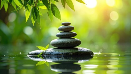 Zen stone stack in tranquil water with lush green foliage and sunlight
