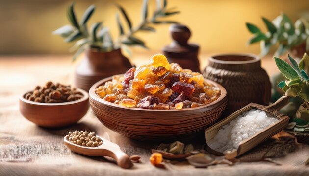 Gum Arabic Granules Arranged With Natural Elements And Earthy Textures Capturing The Essence Of Handcrafted Spiritual Goods Botanical Healing Traditions And Mindful Organic Lifestyle Branding