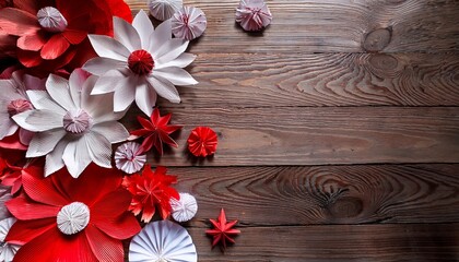 Vibrant Red And White Floral Paper Art Arrangement On Wooden Background For Creative Design Projects