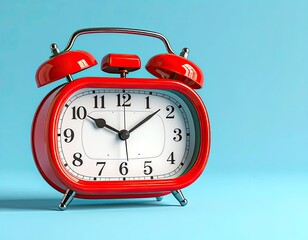 Red classic alarm clock with white face, set on light blue backdrop