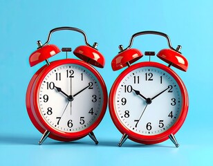 Two red alarm clocks side-by-side against a blue background. Show 1010 time
