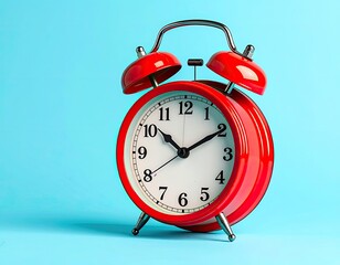 Classic red alarm clock on a vibrant blue background, close-up, ticking