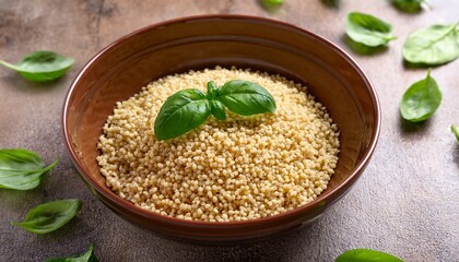 Bowl Of Pearl Couscous Garnished With Fresh Basil Leaves