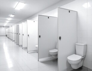 Clean, white, modern public restroom featuring a row of toilet stalls and tiled floor, illuminated by overhead lights