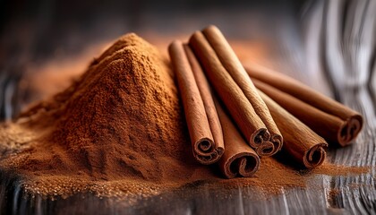 Close Up Of Cinnamon Sticks And Spice Powders