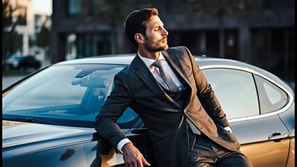 A confident and elegant young businessman in a stylish suit leans casually against his luxury car in an urban setting, exuding success and modern sophistication, reflecting a prosperous lifestyle