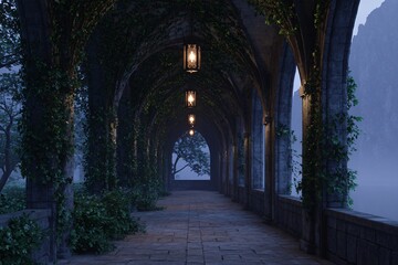 Obraz premium Elegant gothic corridor featuring ivy-covered arches and lanterns