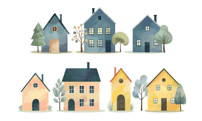 Set of watercolor scandinavian houses with trees. Cute childish buildings in blue yellow. Village. Cozy nordic homes