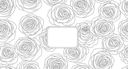 Fototapeta premium Monochrome background with a pattern of hand-drawn rose outlines and a blank vintage label in the center for your text.