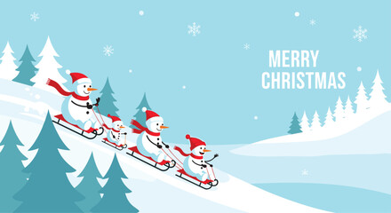 Merry Christmas greeting card with a happy snowman family sledding down a snowy hill in a winter forest landscape.